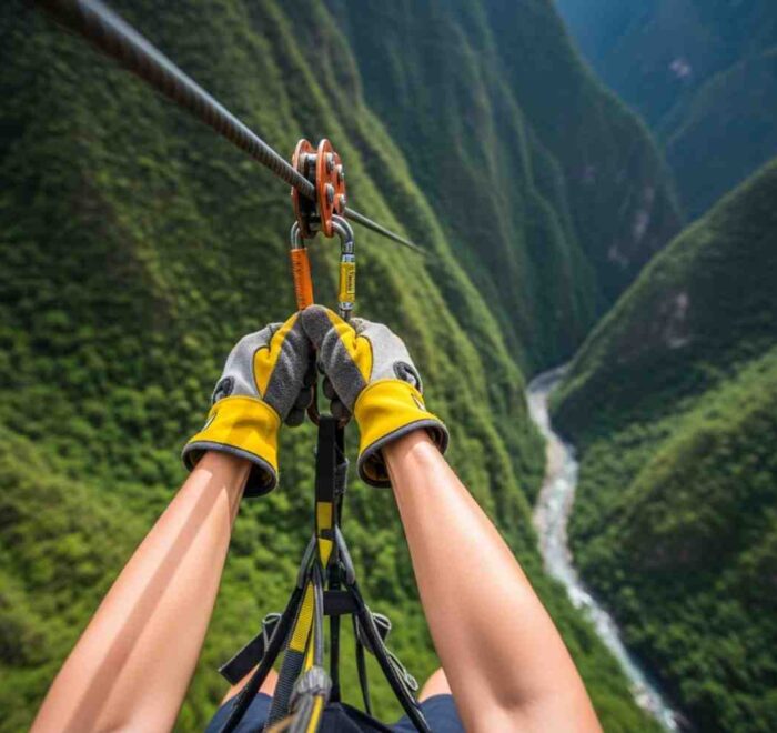 Un viajero volando a alta velocidad en el circuito de zipline en Santa Teresa, con el valle verde y frondoso debajo