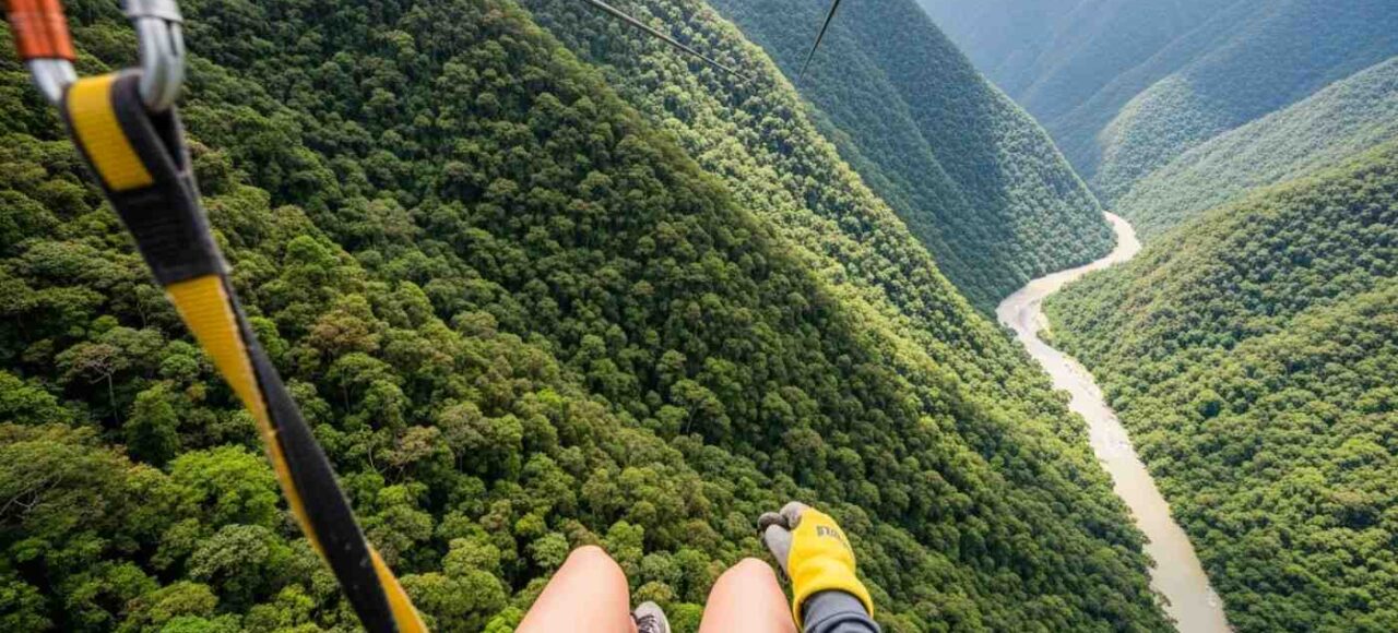 Un viajero haciendo zipline en su viaje a Machu Picchu, volando sobre el valle verde de Santa Teresa