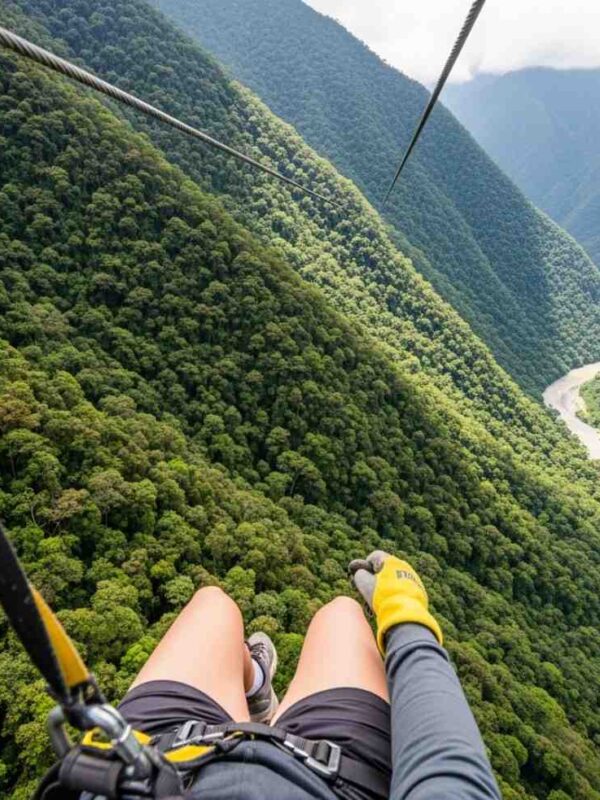 Un viajero haciendo zipline en su viaje a Machu Picchu, volando sobre el valle verde de Santa Teresa