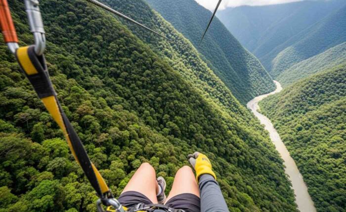 Un viajero haciendo zipline en su viaje a Machu Picchu, volando sobre el valle verde de Santa Teresa