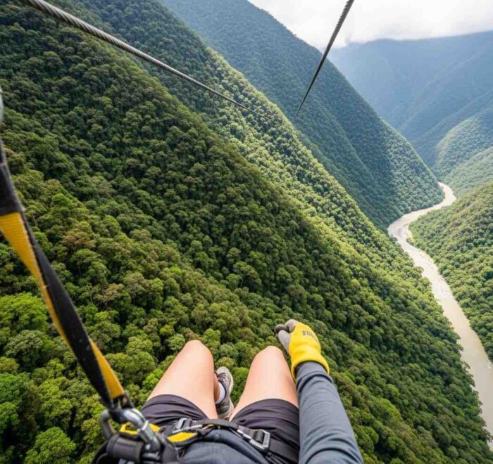 Un viajero haciendo zipline en su viaje a Machu Picchu, volando sobre el valle verde de Santa Teresa