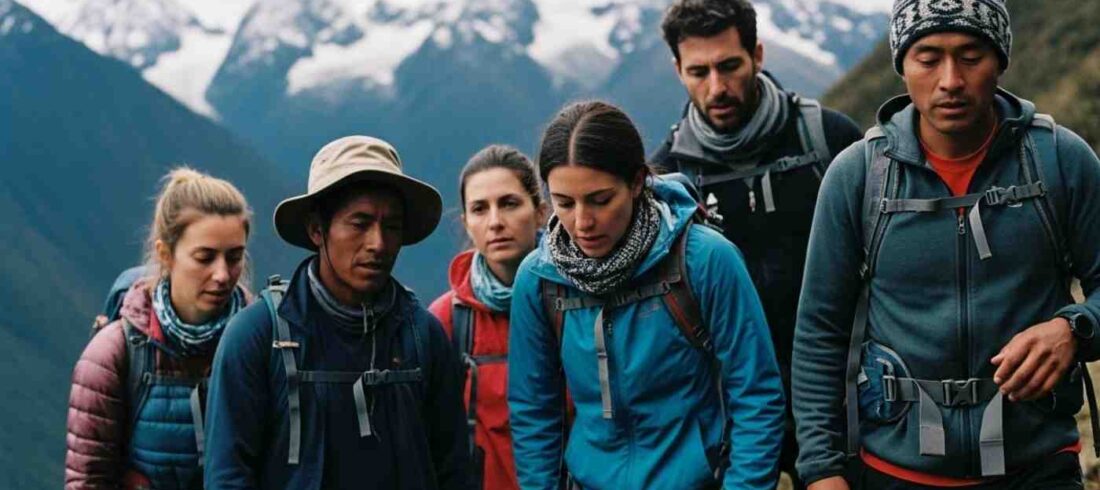 Grupo de viajeros con un guía experimentando las caminatas más exigentes en Cusco con picos nevados al fondo.