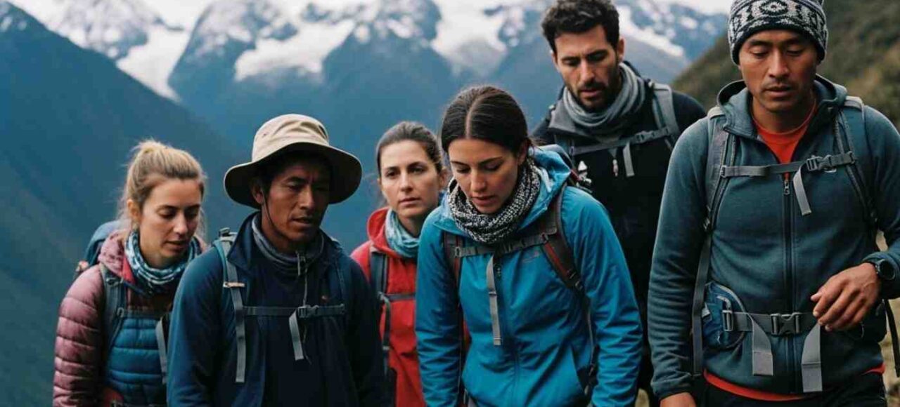 Grupo de viajeros con un guía experimentando las caminatas más exigentes en Cusco con picos nevados al fondo.
