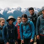 caminatas-mas-exigentes-cusco Grupo de viajeros con un guía experimentando las caminatas más exigentes en Cusco con picos nevados al fondo.
