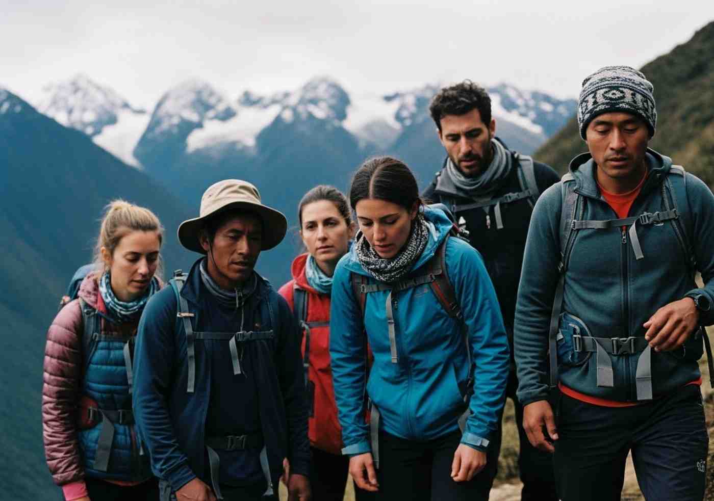 Grupo de viajeros con un guía experimentando las caminatas más exigentes en Cusco con picos nevados al fondo.