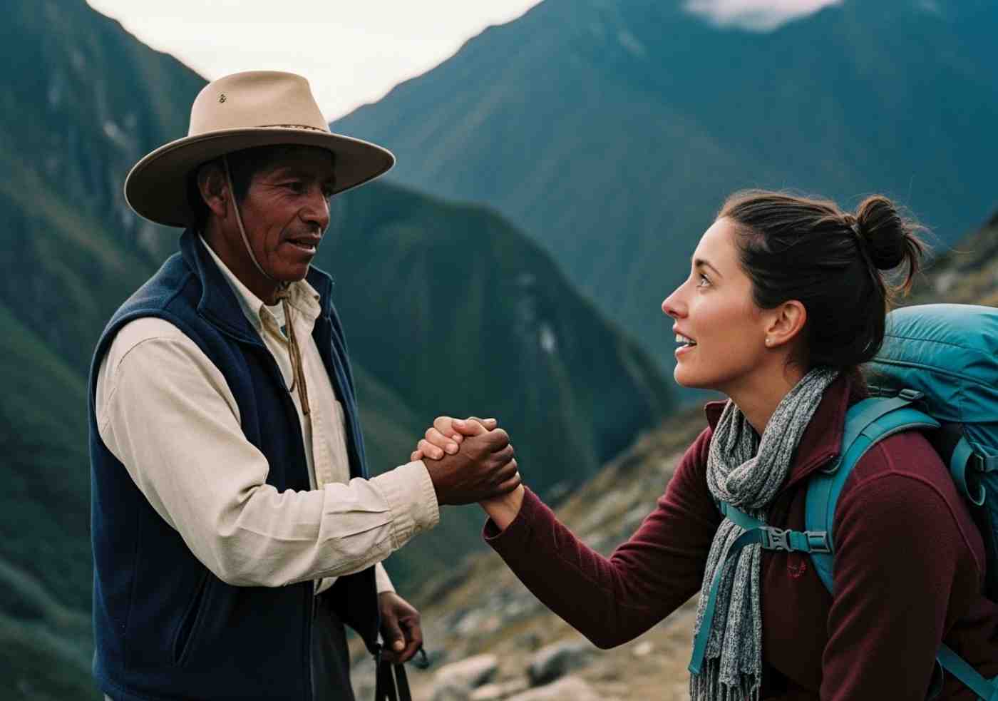 Guía local ayudando a un viajero exhausto en el paso de Salkantay, ilustrando la importancia de la preparación y la guía experta.