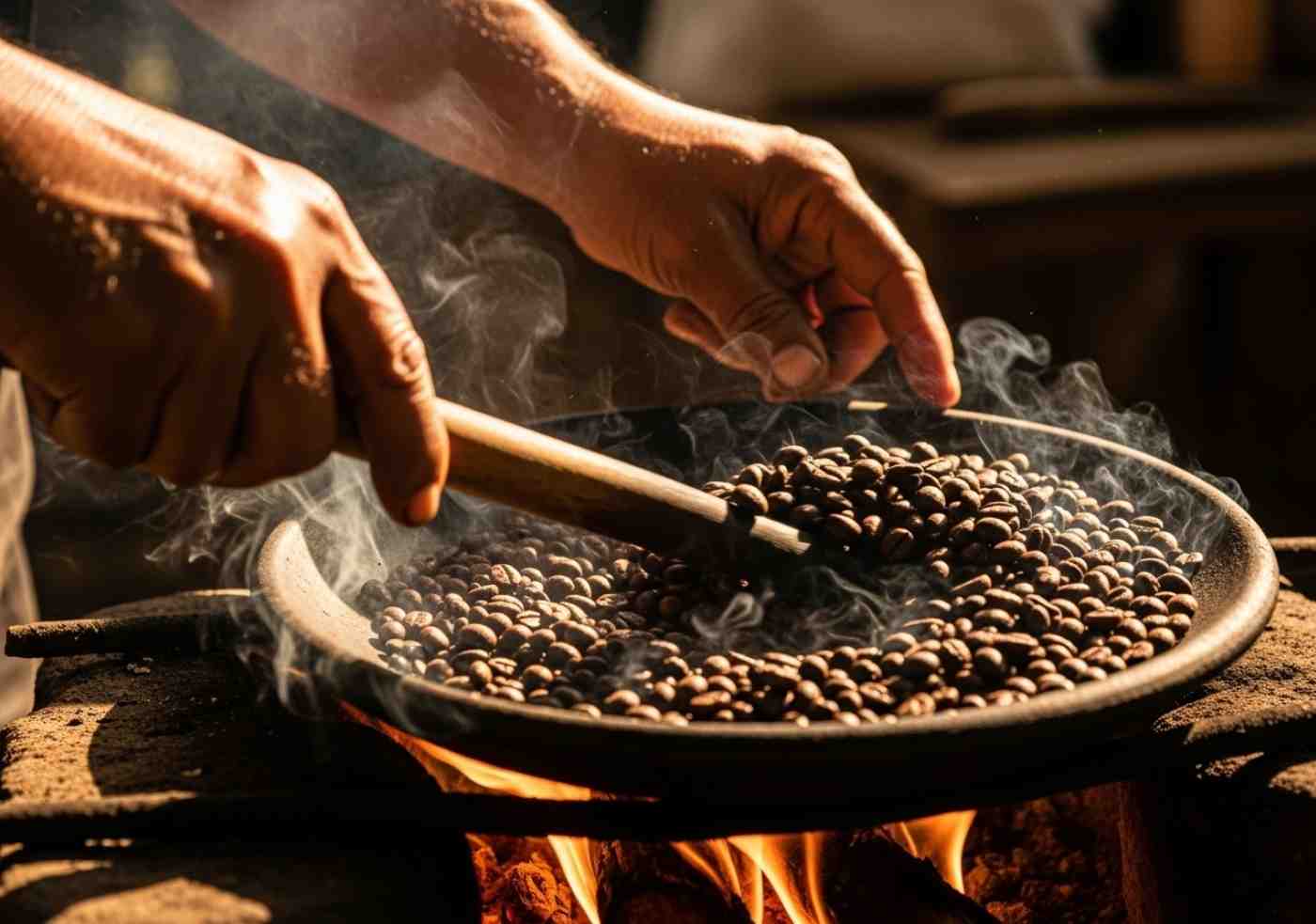 Un productor local tostando granos de café de forma artesanal durante el ritual del café en la ruta Inka Jungle Premium, cerca de Santa Teresa