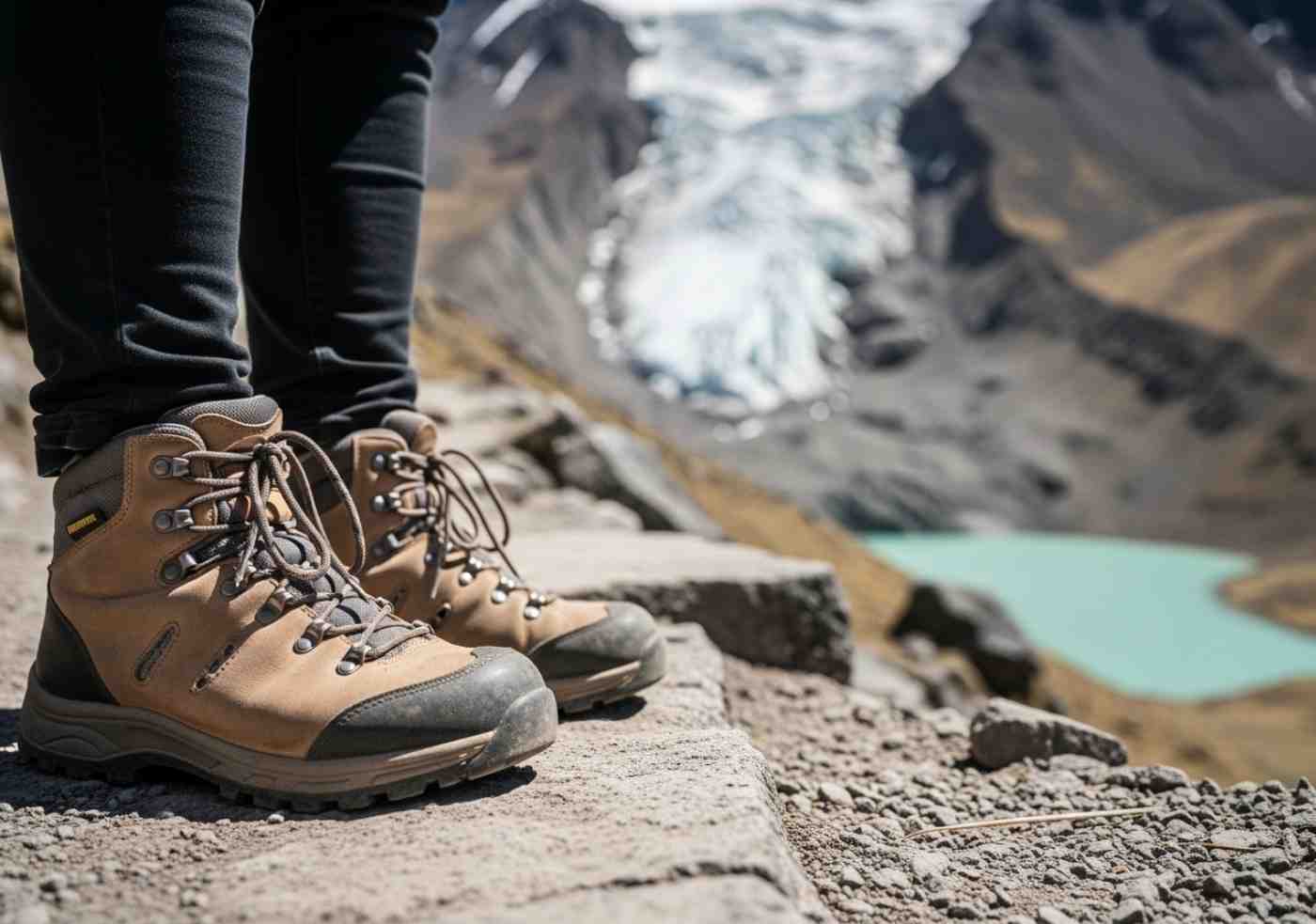 Detalle de botas de trekking en un sendero rocoso, con un paisaje glaciar de Ausangate al fondo, simbolizando el trekking más difícil de Cusco.