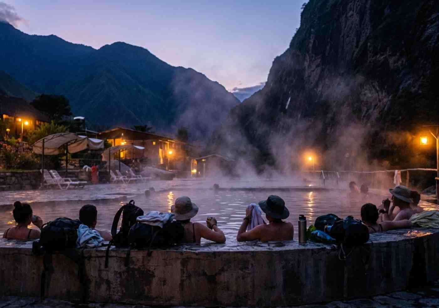 Viajeros relajándose en las piscinas naturales de Cocalmayo al atardecer con vapor subiendo
