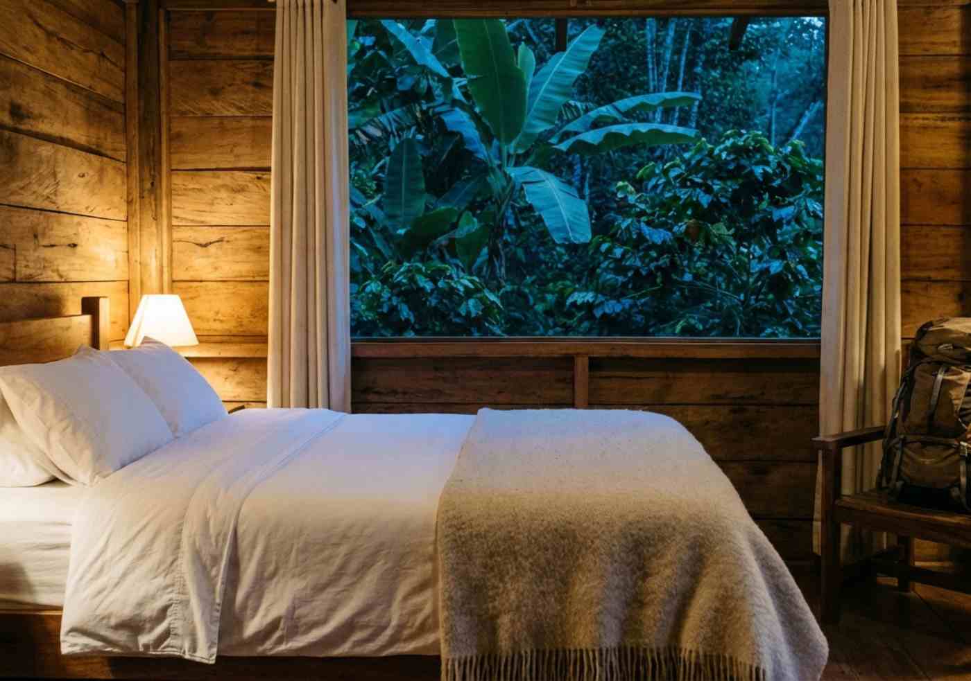 Interior de una habitación rústica de madera en un lodge de selva con vistas a plantaciones de banano y café.