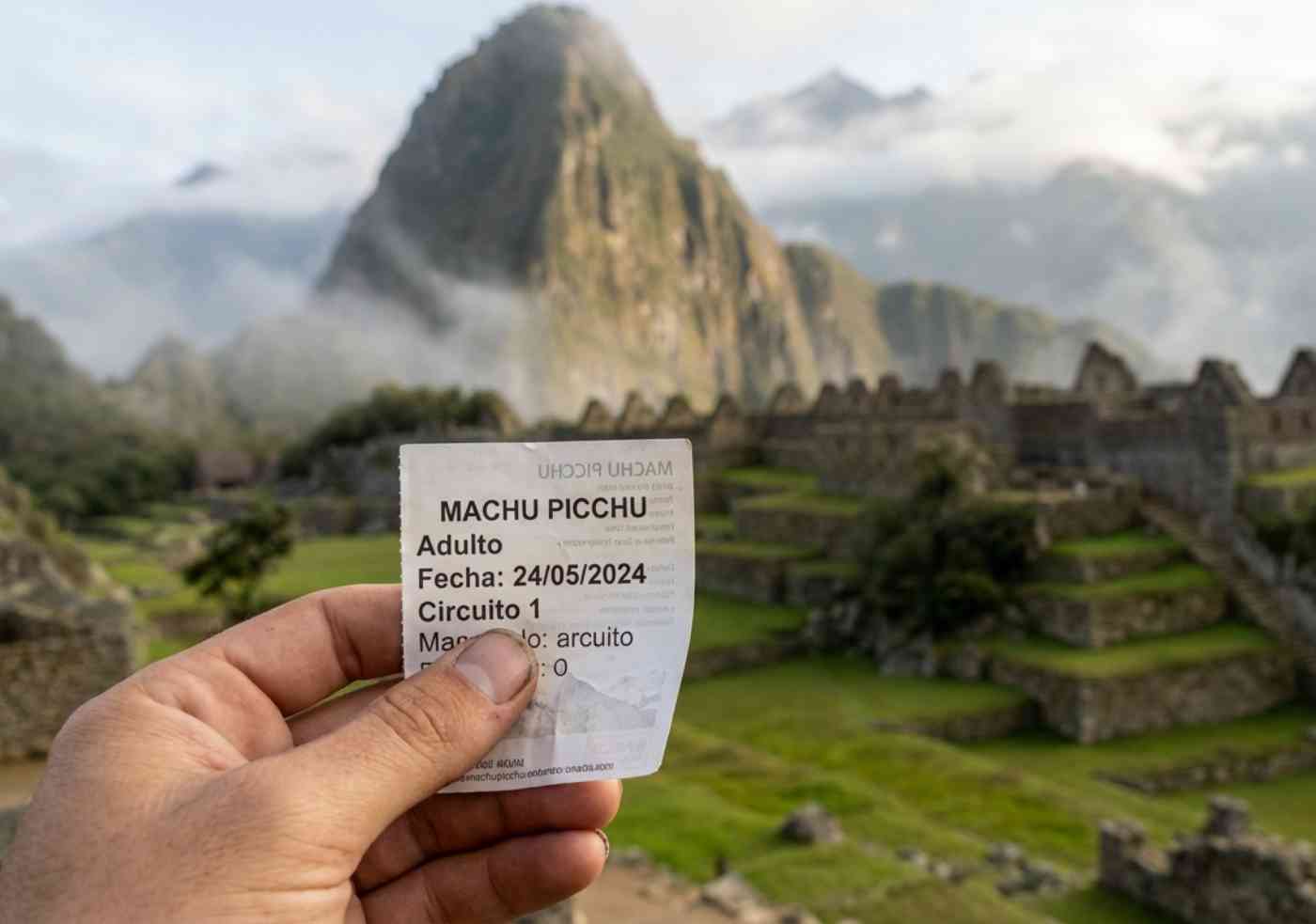 Sosteniendo el boleto de entrada a la ciudadela, más importante que los propios permisos de ruta