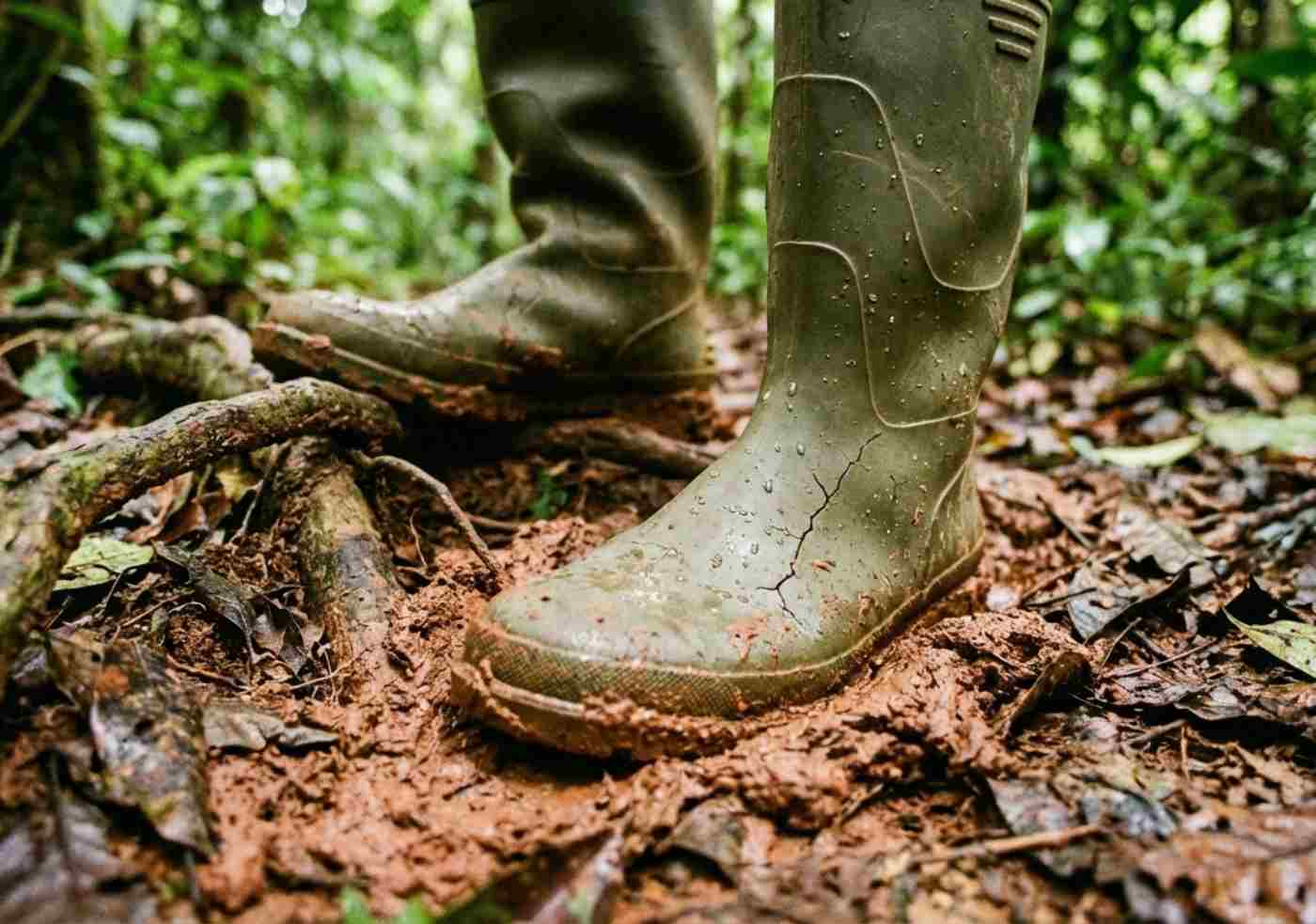Primer plano de unas botas de goma verdes cubiertas de barro hundiéndose en el suelo húmedo de la selva, con raíces de árboles alrededor.