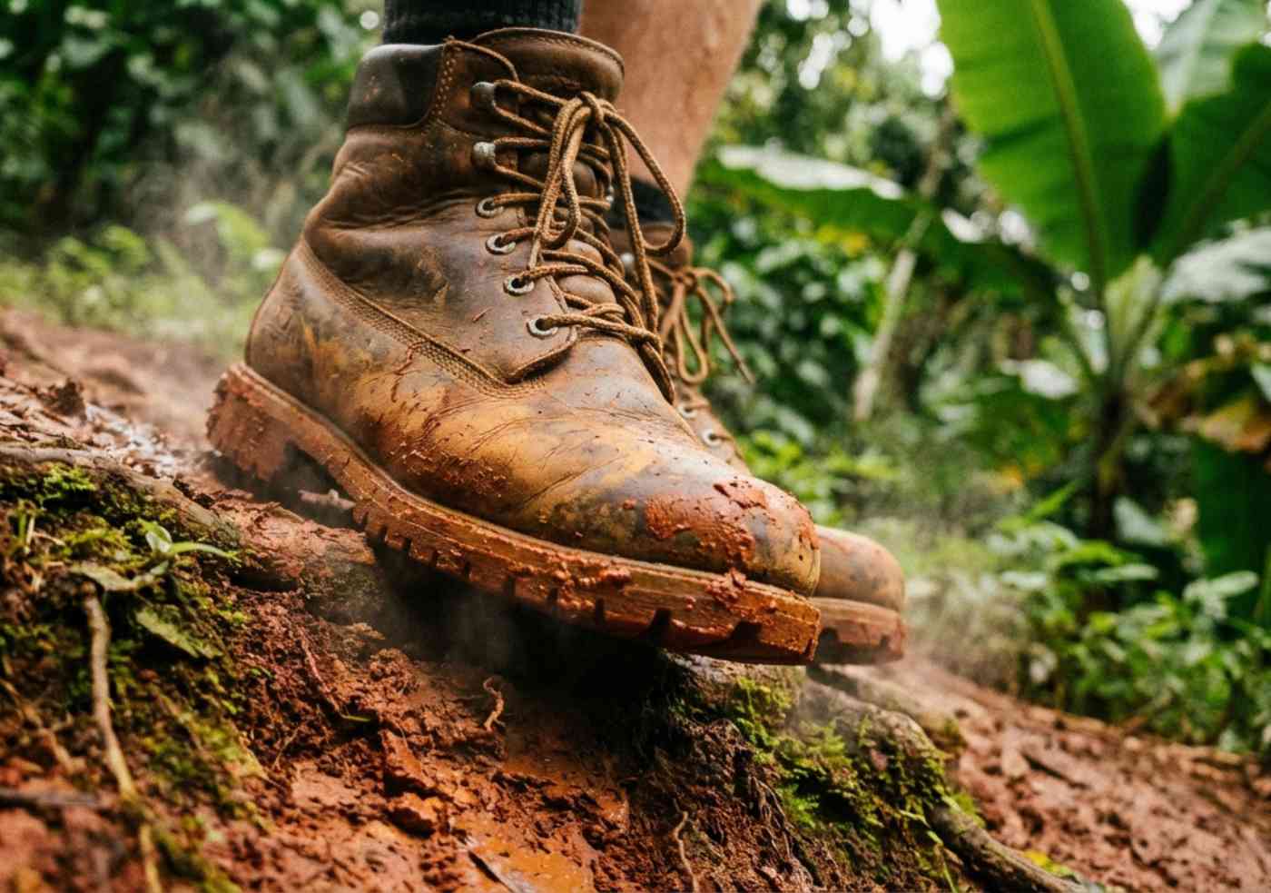 Detalle de botas de senderismo cubiertas de lodo rojo en un sendero de selva alta