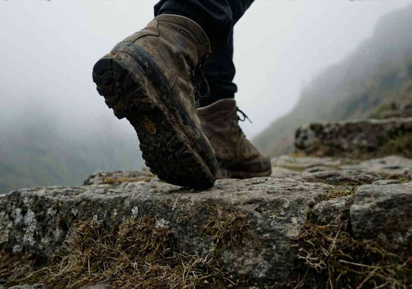 Primer plano a nivel del suelo de botas de montaña cubiertas de polvo pisando un escalón de piedra irregular en el Camino Inca.