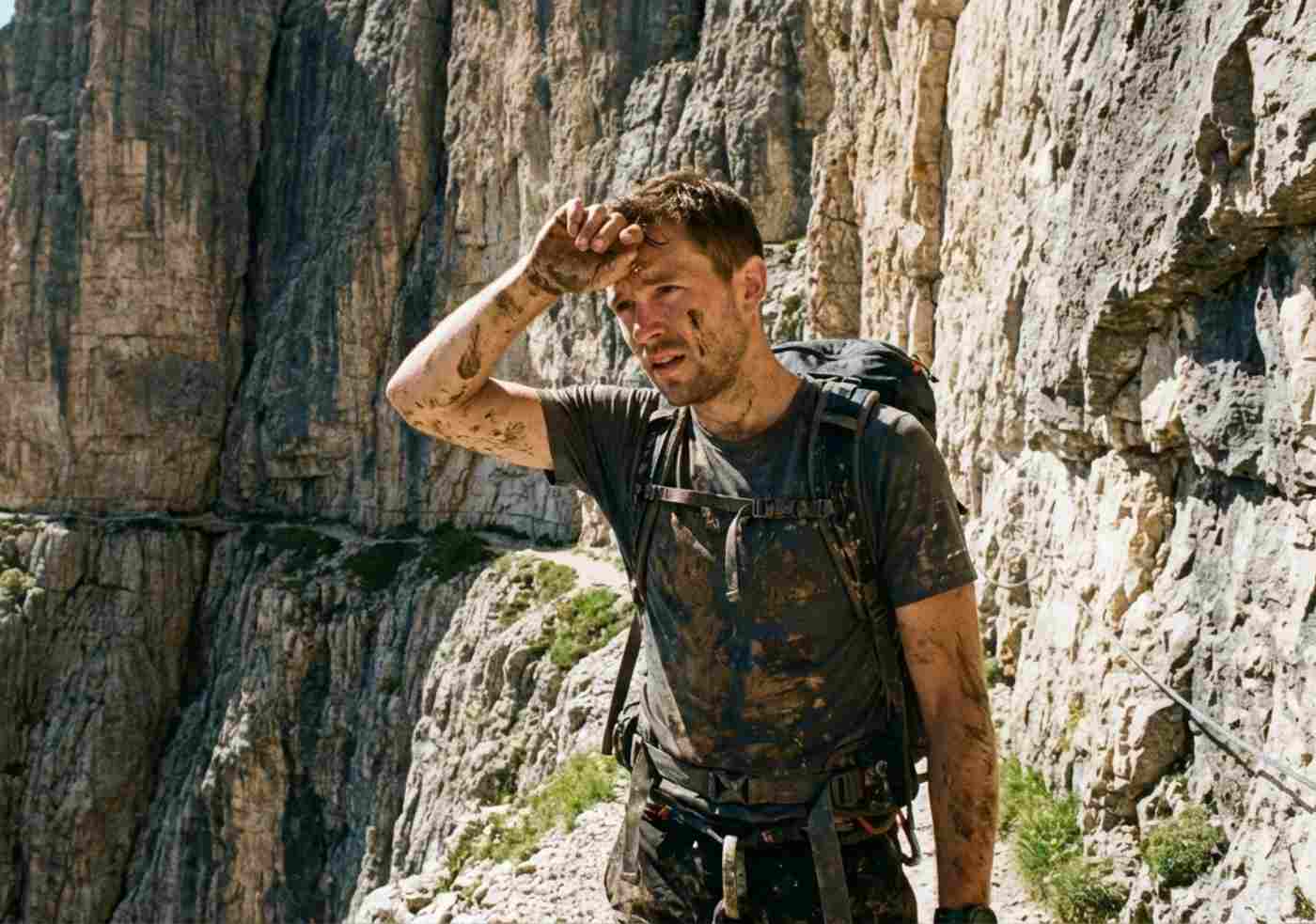 Caminante con mochila atravesando un sendero estrecho junto al acantilado en la selva