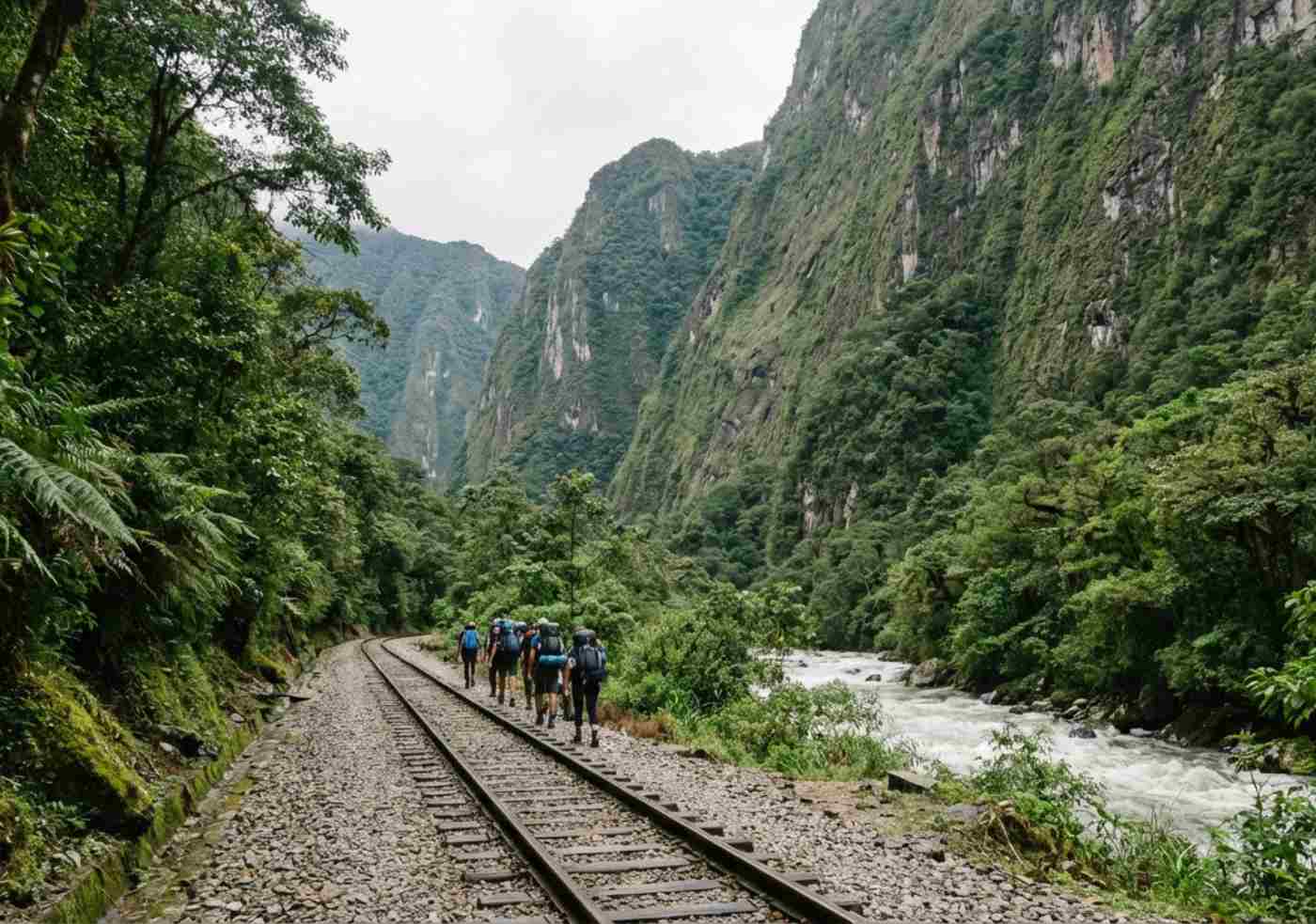 Mochileros caminando junto a las vías del tren cerca de Aguas Calientes con vegetación densa