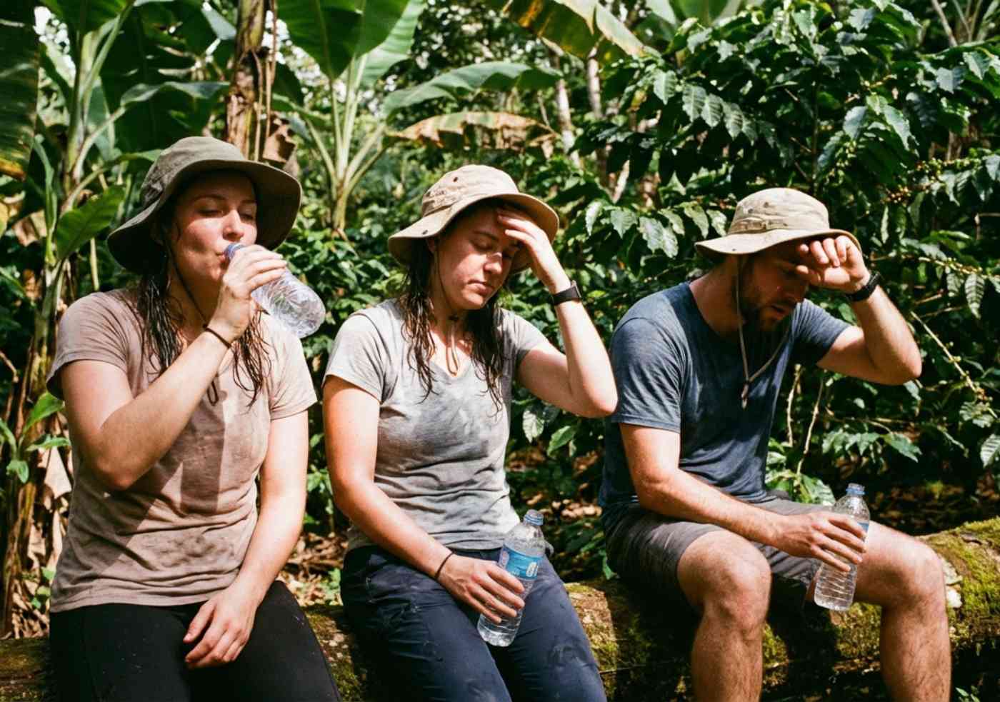 Grupo de excursionistas sudados tomando un descanso y bebiendo agua en la ruta