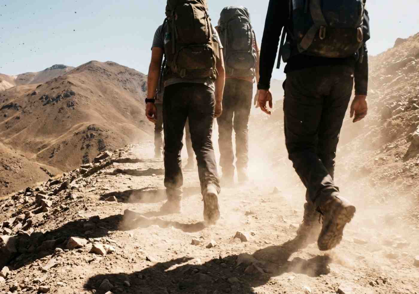 Caminantes de espaldas subiendo por un sendero de tierra seca y rocas bajo sol intenso