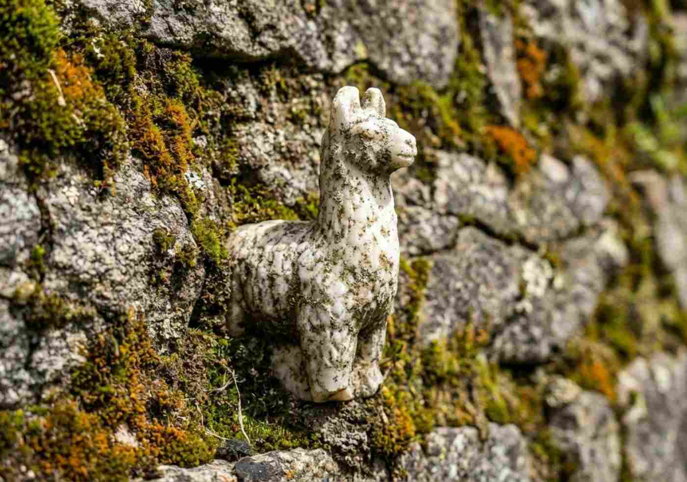 Primer plano de una figura de llama hecha con piedras blancas de calcita incrustadas en un muro de terraza de piedra gris en las ruinas de Choquequirao, con musgo y textura antigua.