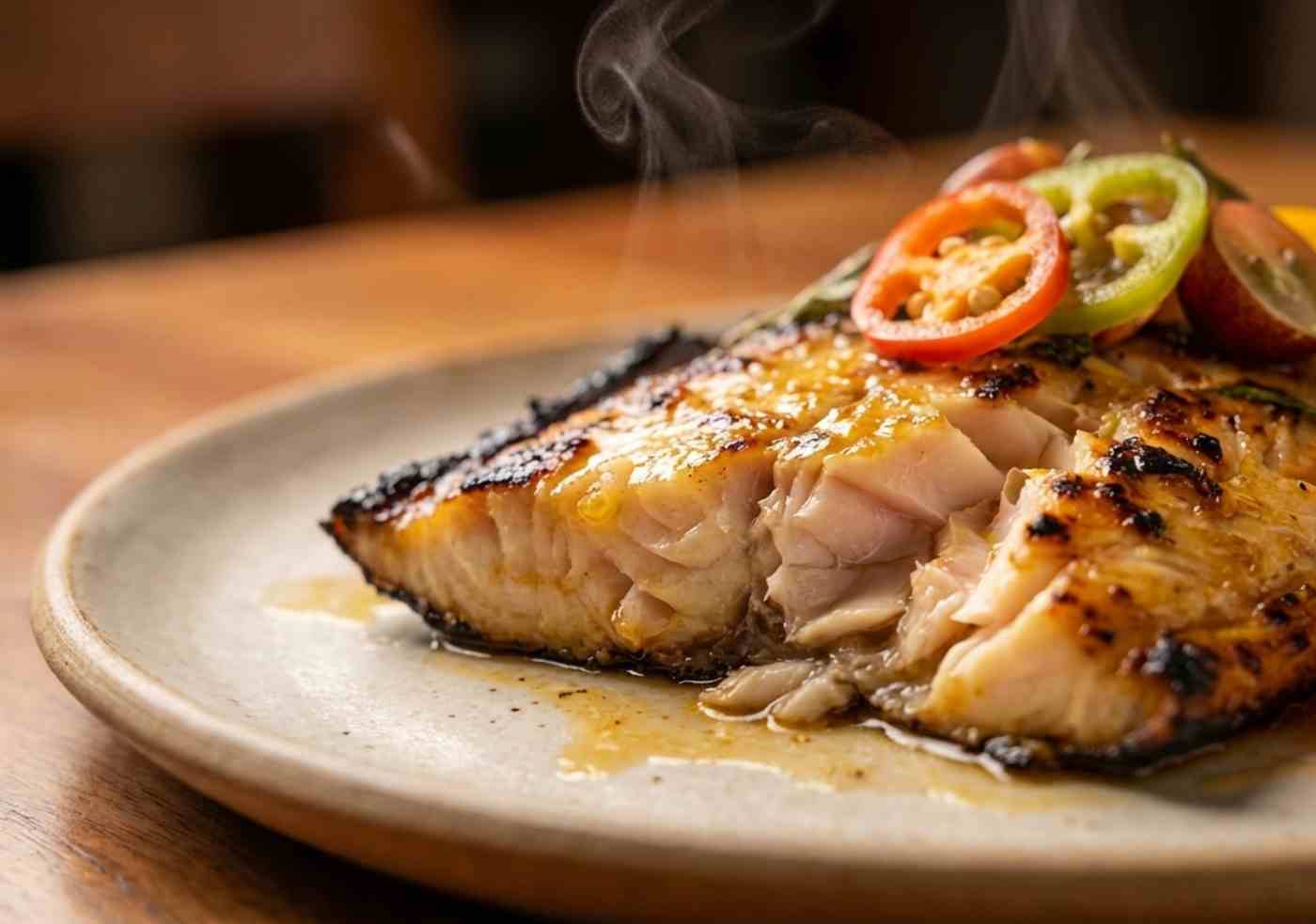 Primer plano de un plato de pescado Paiche preparado con ingredientes locales en la selva de Iquitos.