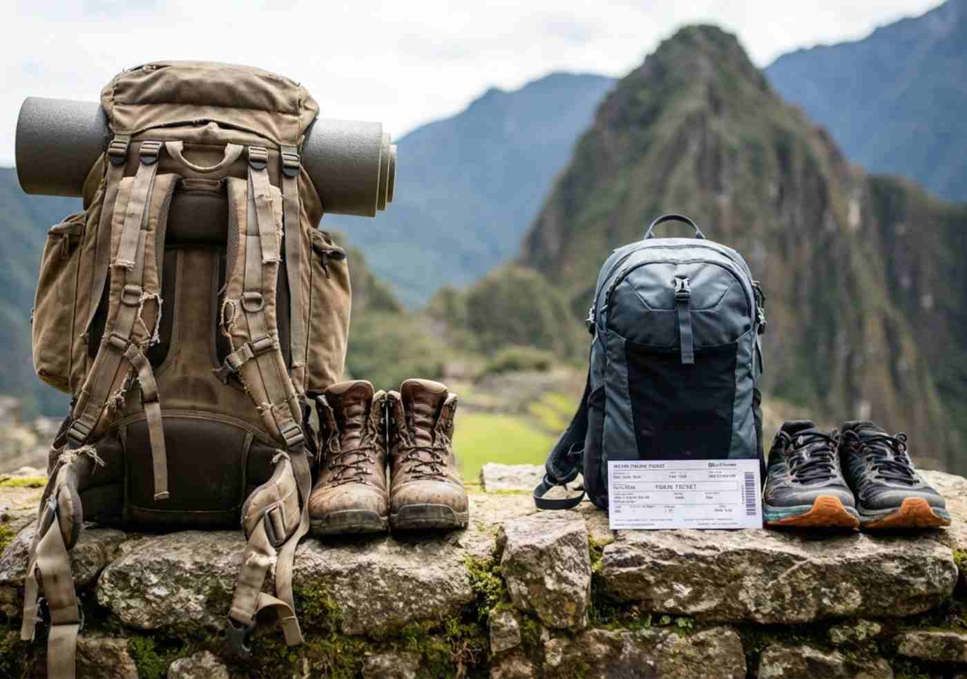 Dos equipos de senderismo colocados sobre un muro de piedra inca: a la izquierda, una mochila grande de trekking y botas embarradas; a la derecha, una mochila pequeña y zapatillas de trail limpias, con Machu Picchu de fondo.