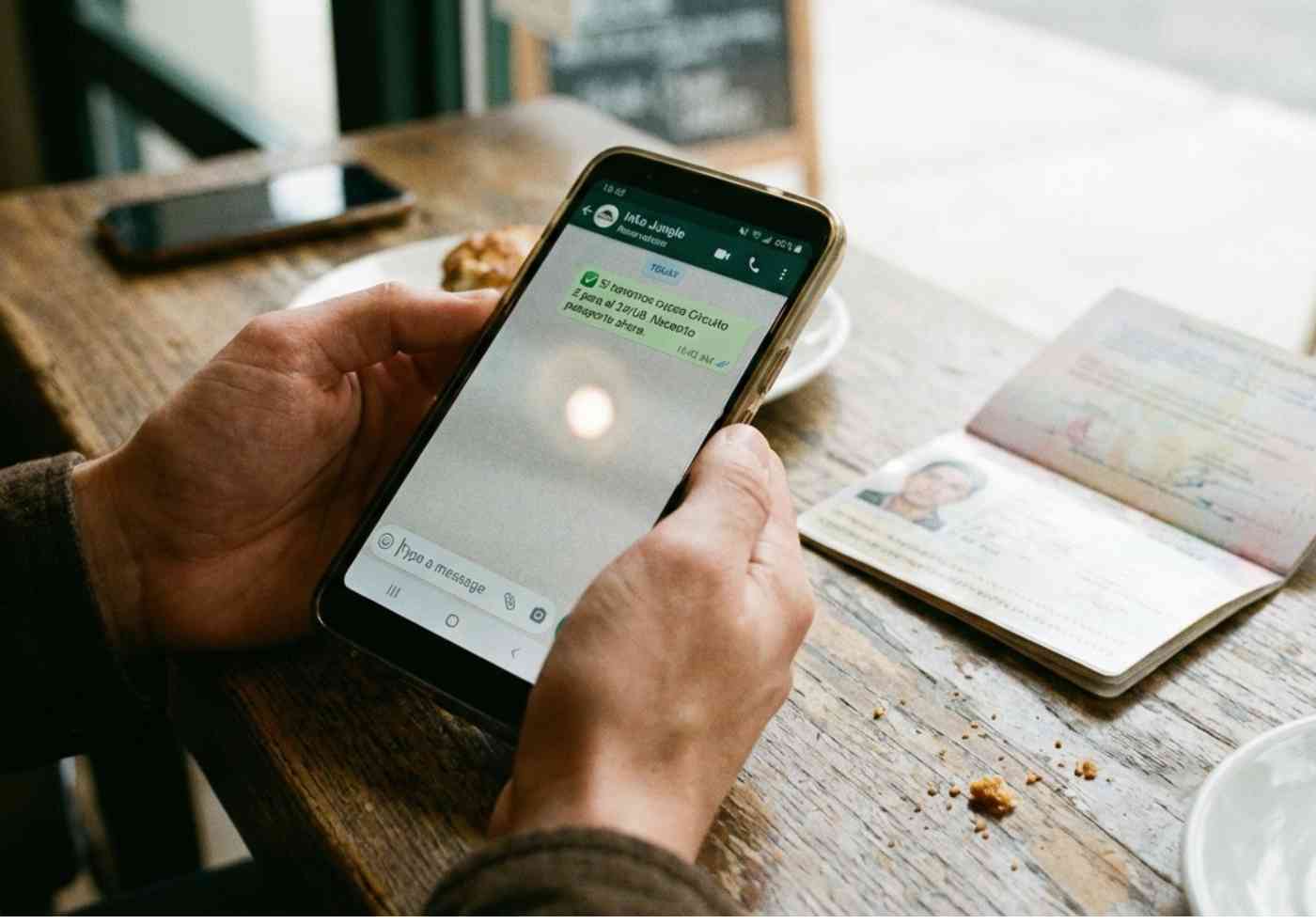 Vista en primera persona (POV) mirando un teléfono inteligente que muestra una conversación de WhatsApp con un operador turístico confirmando la disponibilidad de boletos, junto a un pasaporte sobre una mesa.