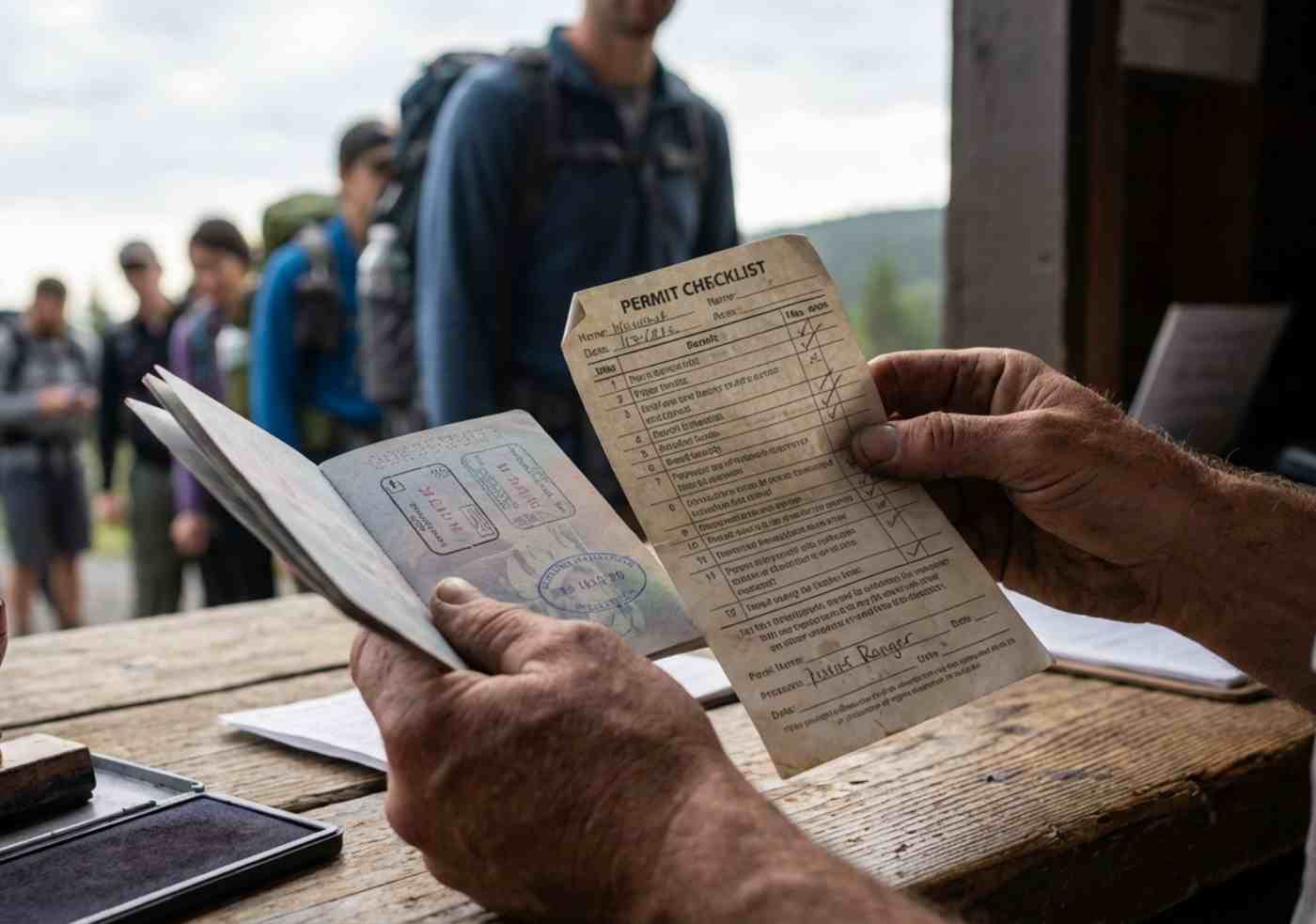Guardaparques revisando pasaportes y permisos en el punto de inicio del Camino Inca
