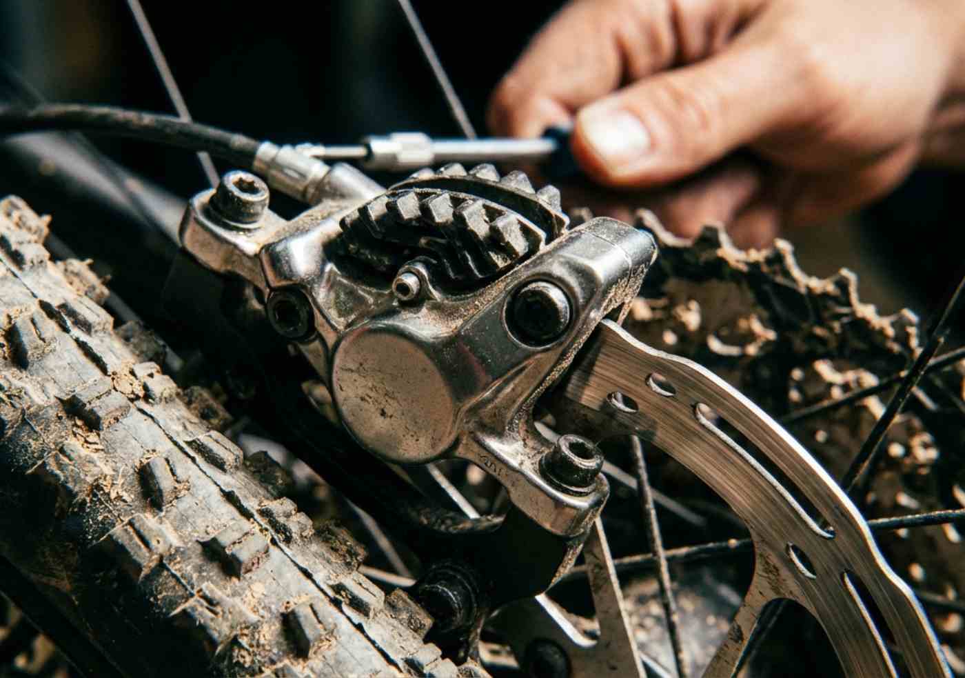 Primer plano extremo del rotor y la pinza de un freno de disco hidráulico de una bicicleta de montaña con polvo.