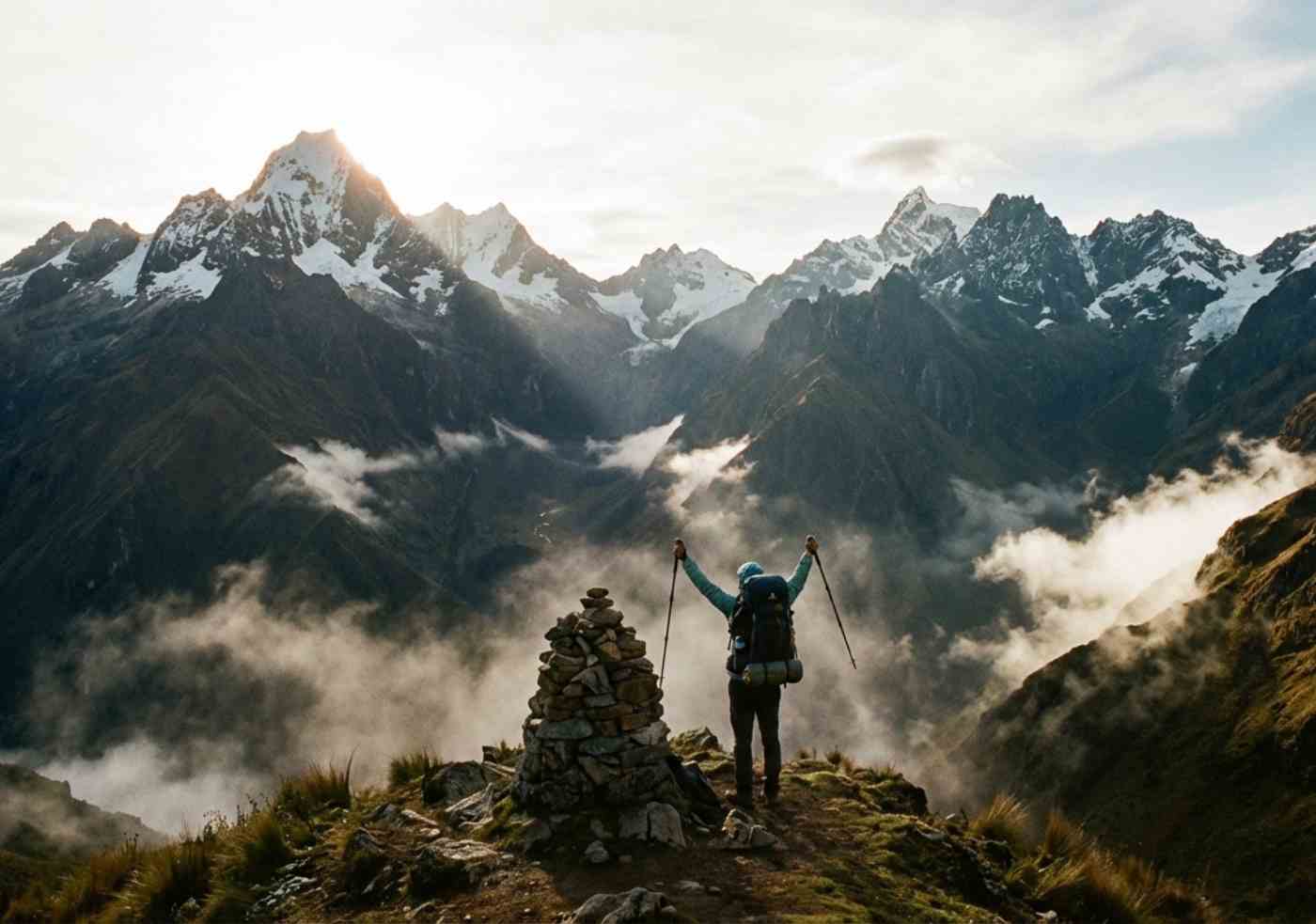 Primer plano detallado de botas de trekking sucias y bastones apoyados sobre escalones de piedra inca antiguos y desiguales cubiertos de musgo.