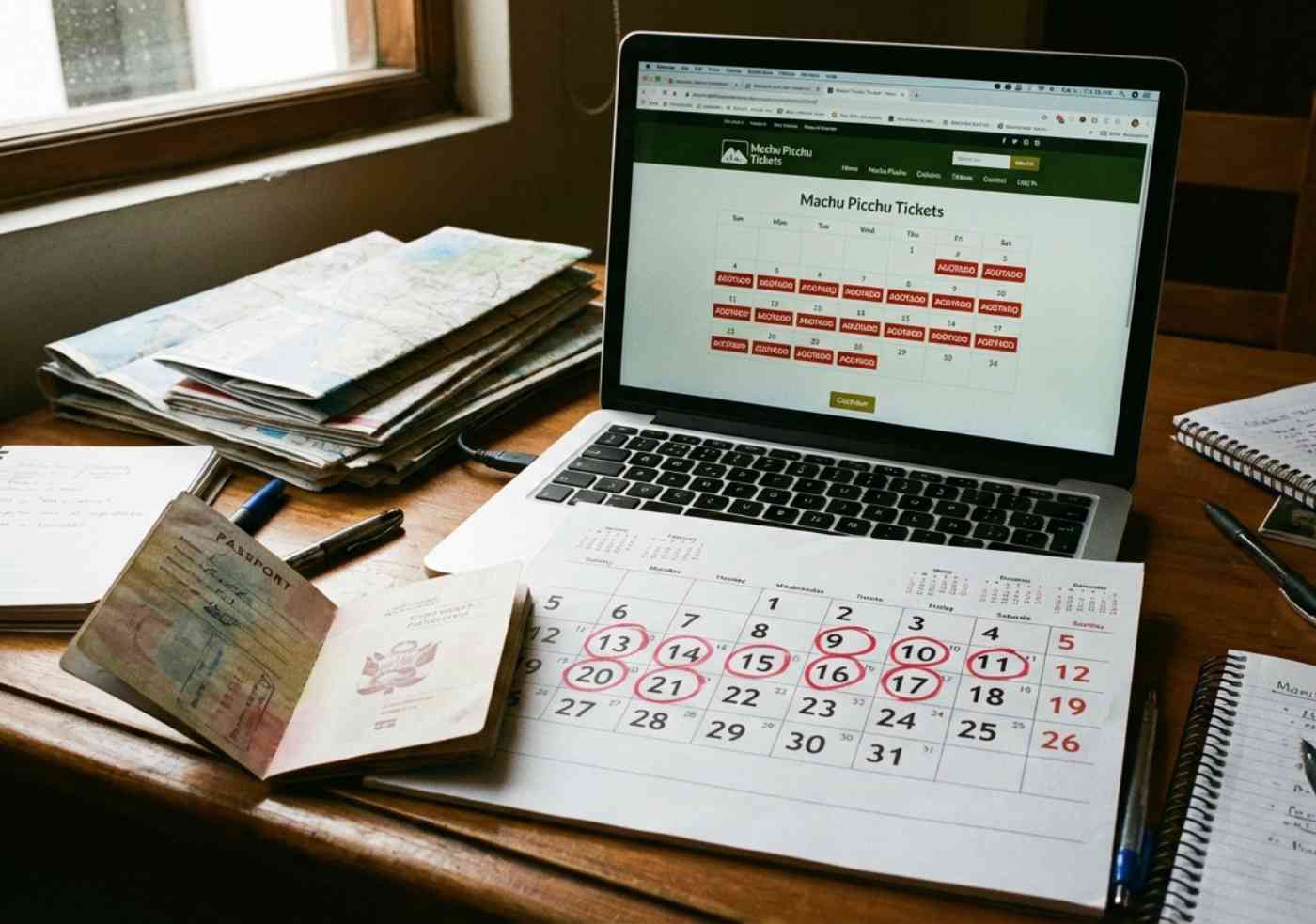Un escritorio de madera desordenado con pasaportes abiertos, un calendario marcado y una computadora portátil mostrando una pantalla de reserva de boletos para Machu Picchu con pocas fechas disponibles.