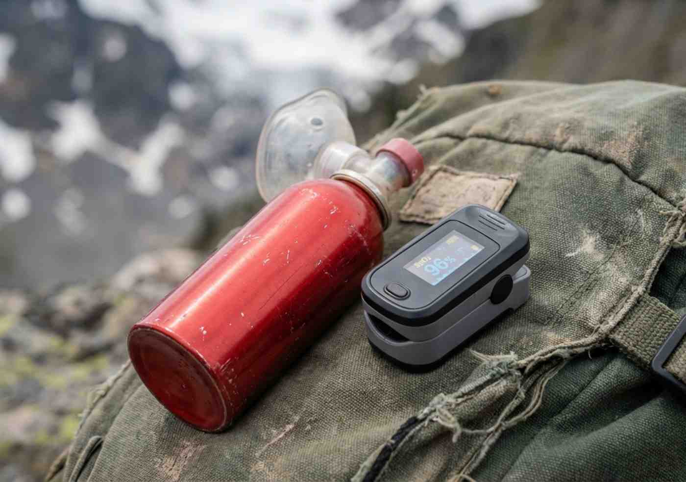 Detalle del equipo de seguridad de un guía, incluyendo un balón de oxígeno portátil para emergencias de altura.
