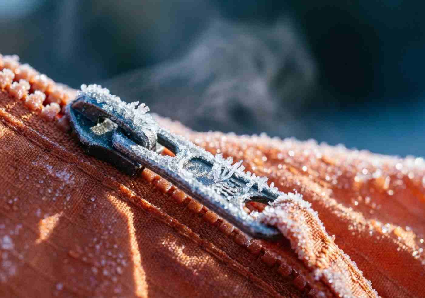 Detalle de cristales de hielo cubriendo la tela de una carpa de camping al amanecer
