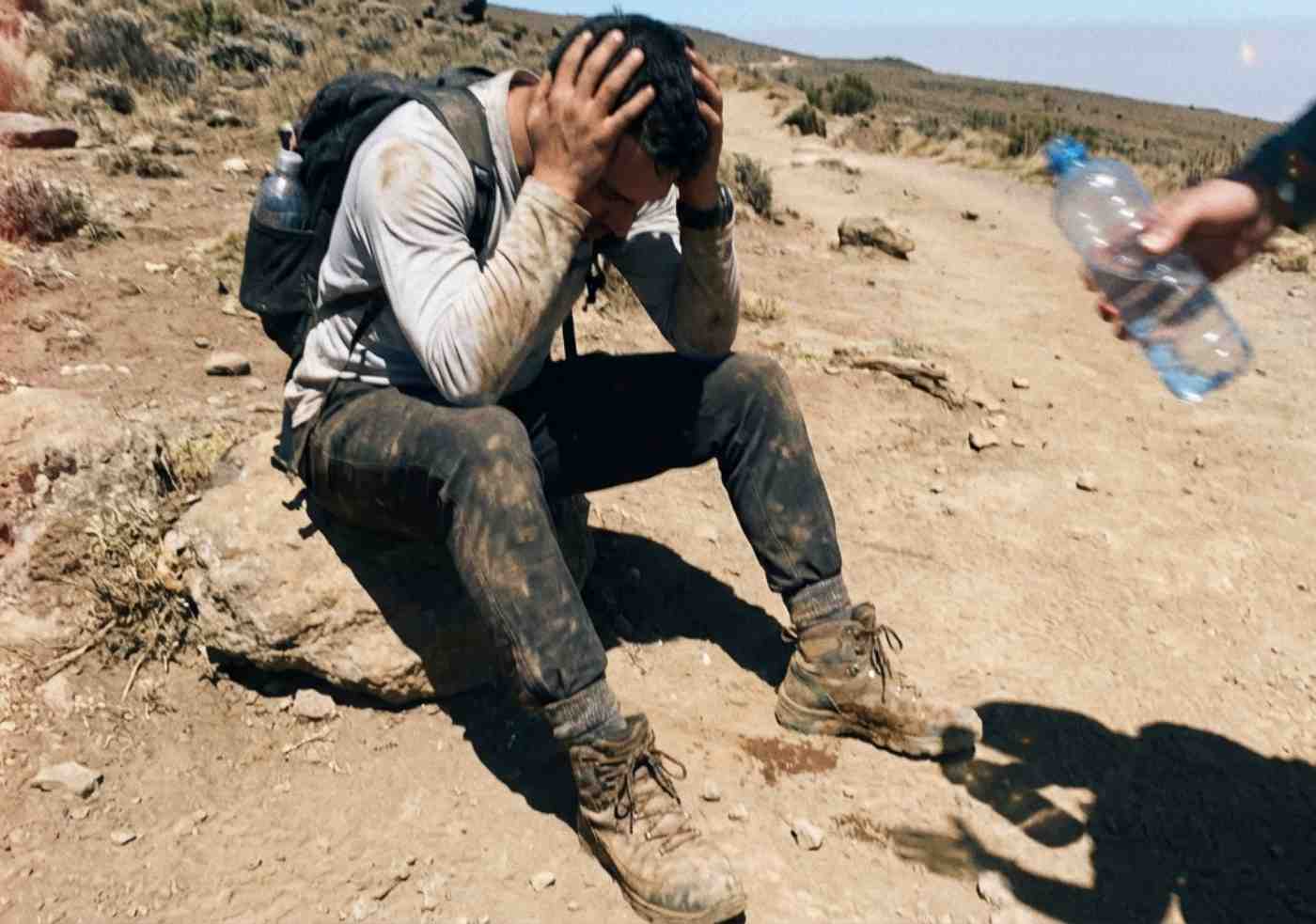 Trekker descansando en el sendero, afectado por la altura y el soroche en la ruta Salkantay.