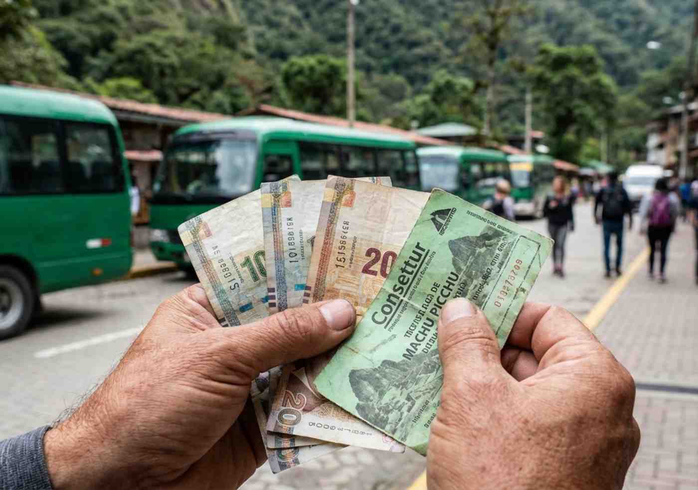 Manos sosteniendo soles peruanos y un boleto de bus Consettur en Aguas Calientes