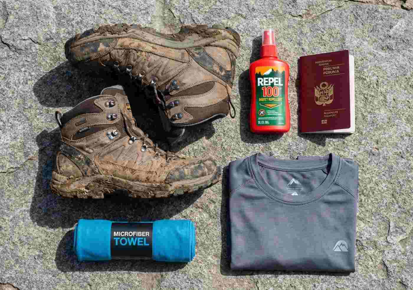 Fotografía cenital organizada (knolling) sobre una superficie de piedra que muestra botas de trekking usadas, repelente DEET, pasaporte, toalla de microfibra y ropa sintética.