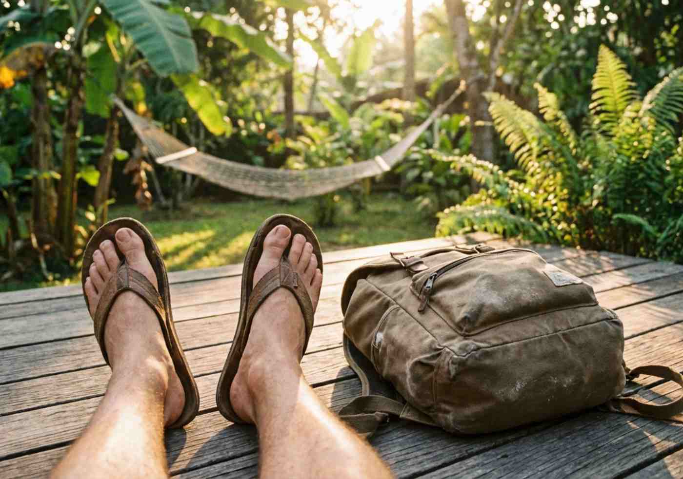Vista subjetiva (POV) de pies descansando con sandalias junto a una mochila pequeña en una terraza de madera con vista a la selva