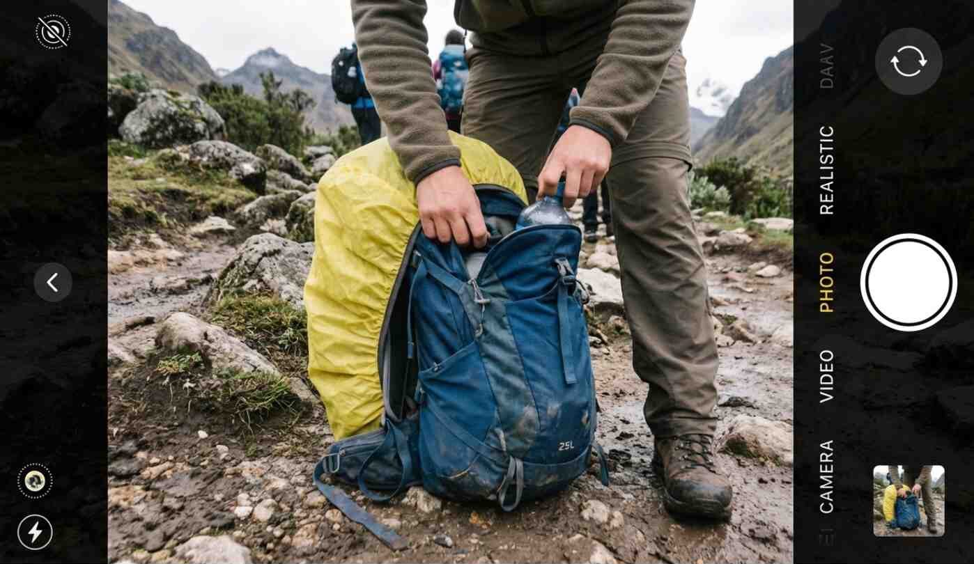 Un caminante con su mochila de día, parte esencial de la del Equipaje para el Salkantay Trek, haciendo una pausa en el sendero.