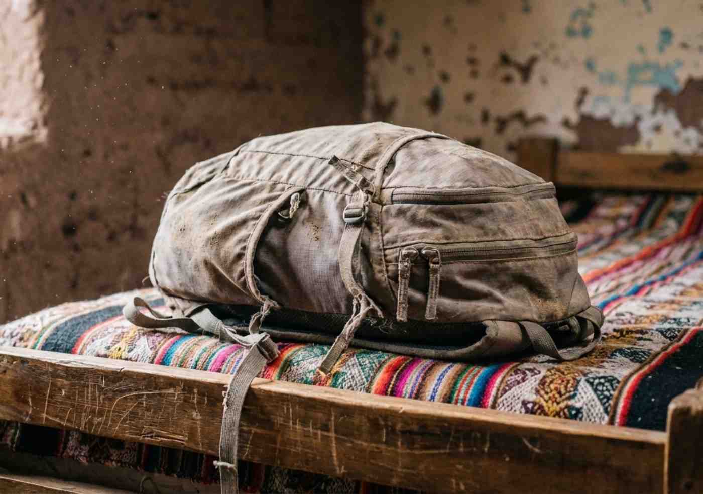 Primer plano de una mochila pequeña de senderismo de unos 25 litros apoyada sobre una cama de madera rústica en un hostal básico de la selva durante el Inca Jungle.