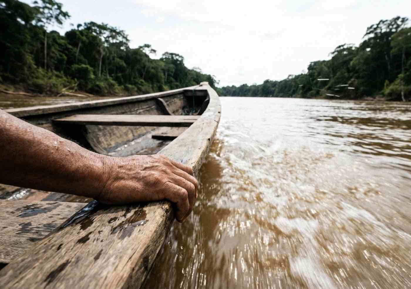 Punto de vista de un viajero en un bote de madera navegando por el Río Amazonas en Iquitos.