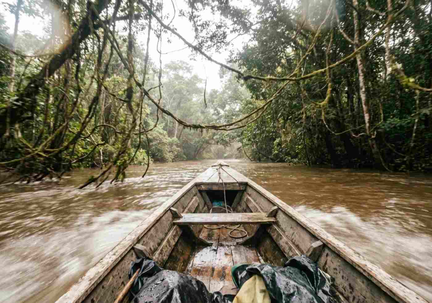 Perspectiva desde una lancha rápida en movimiento navegando por un afluente estrecho de aguas negras en la selva de Iquitos.