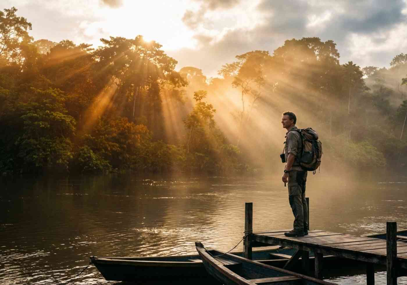 Vista panorámica del río Amazonas en Iquitos con un explorador de espaldas observando la selva profunda al amanecer