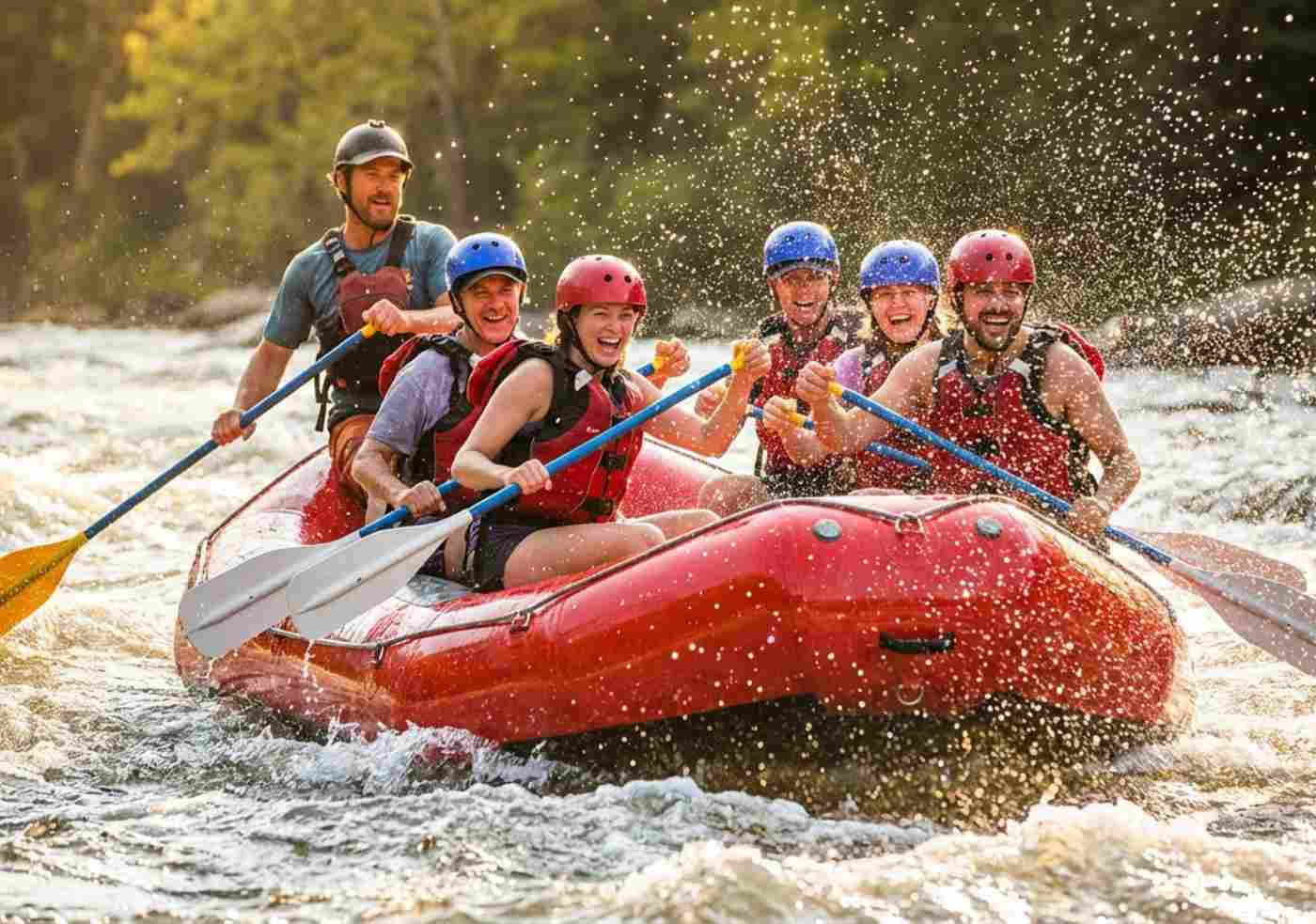 Grupo disfrutando rafting clase III en el río Urubamba sin lluvia