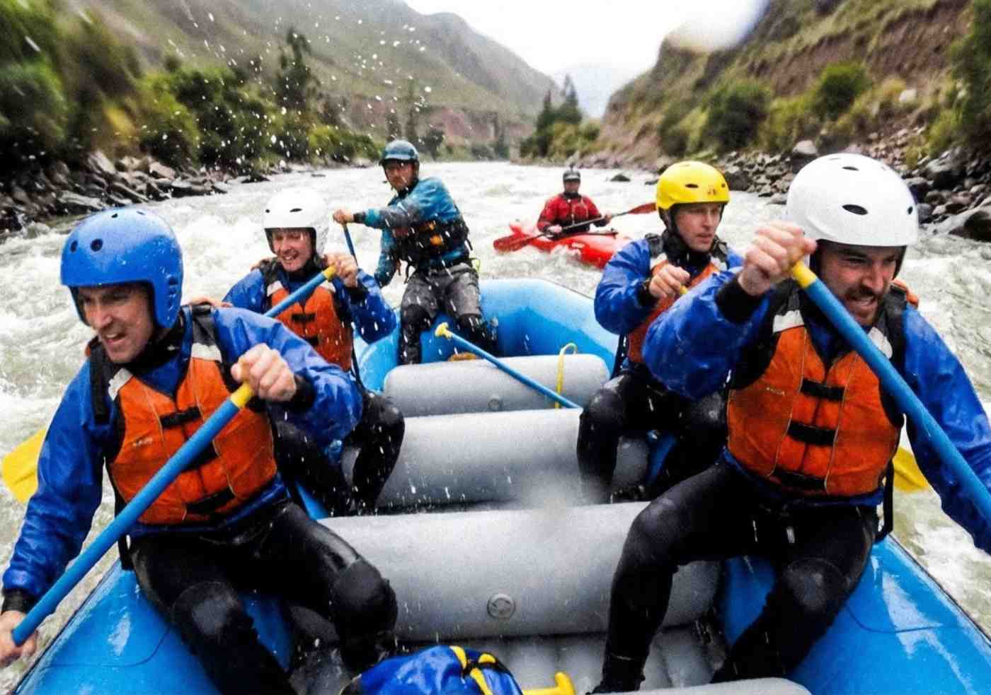 Foto de acción estilo documental desde una balsa de rafting en el río Vilcanota, mostrando a un guía y turistas con cascos y chalecos profesionales, seguidos por un safety kayaker de seguridad.