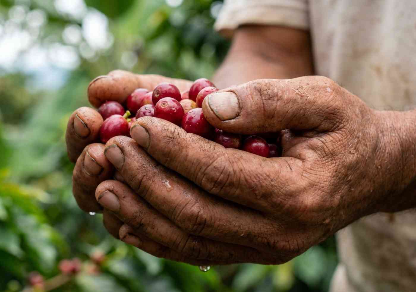 Primer plano de manos de agricultor sosteniendo granos de café rojo frescos en la selva de Cusco