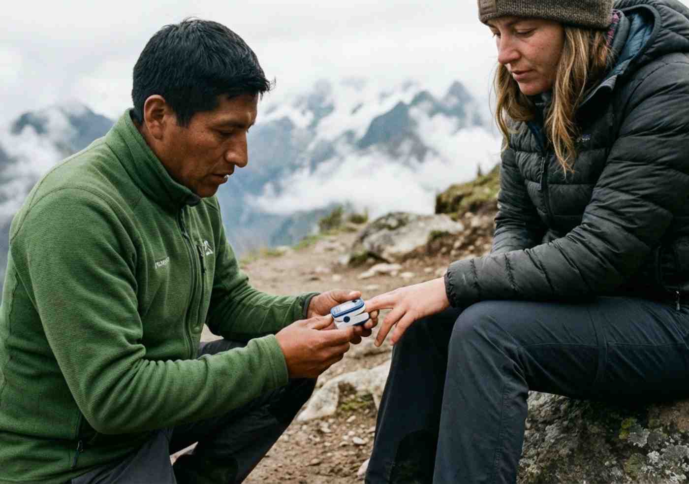 Fotografía de estilo documental que muestra a un guía de montaña uniformado usando un oxímetro de pulso en el dedo de una excursionista principiante sentada durante una pausa en el sendero Salkantay.