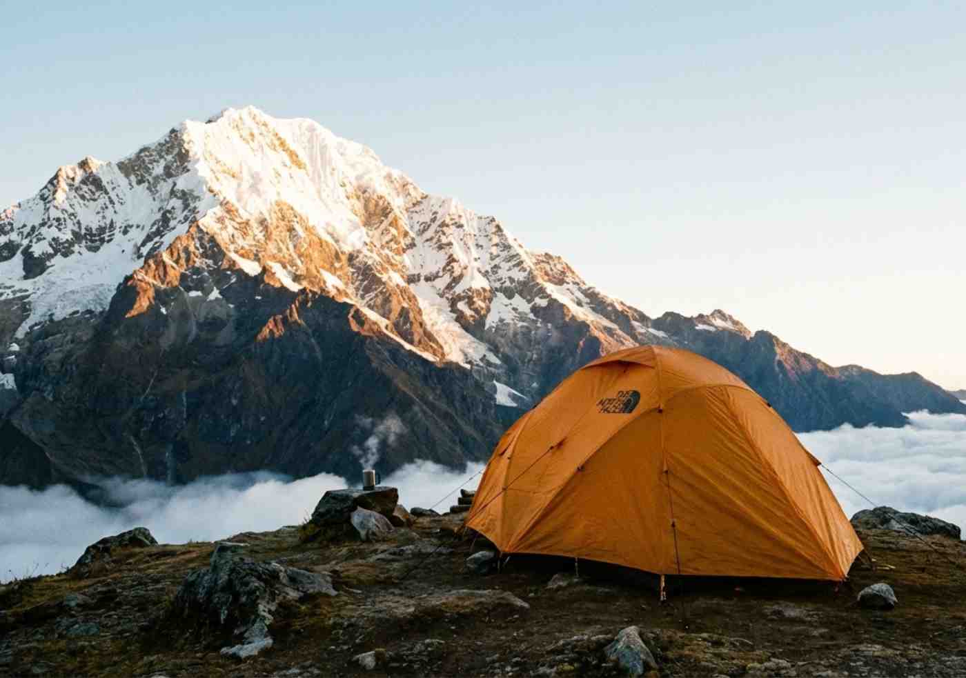Fotografía atmosférica de paisaje al amanecer. Muestra una sola carpa de alta montaña de color naranja brillante armada en un lugar aislado y prístino con vista directa e ininterrumpida al nevado Salkantay iluminado por los primeros rayos de sol dorado. No hay otras personas ni carpas alrededor. Refleja la exclusividad y privacidad de un tour privado.