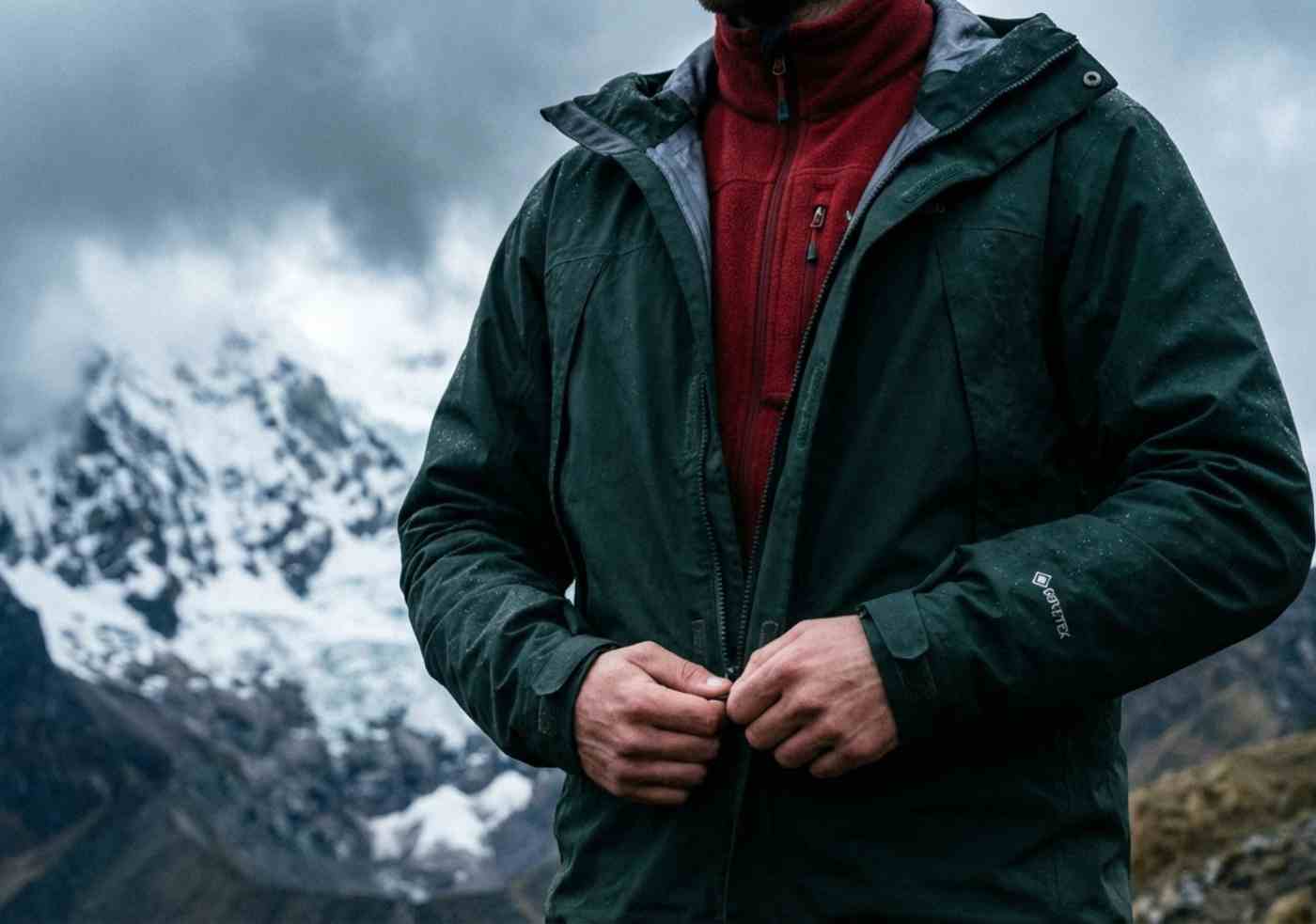 Excursionista demostrando el uso del sistema de capas de ropa, crucial en la lista de equipaje para el Salkantay Trek, frente a un paisaje nevado.
