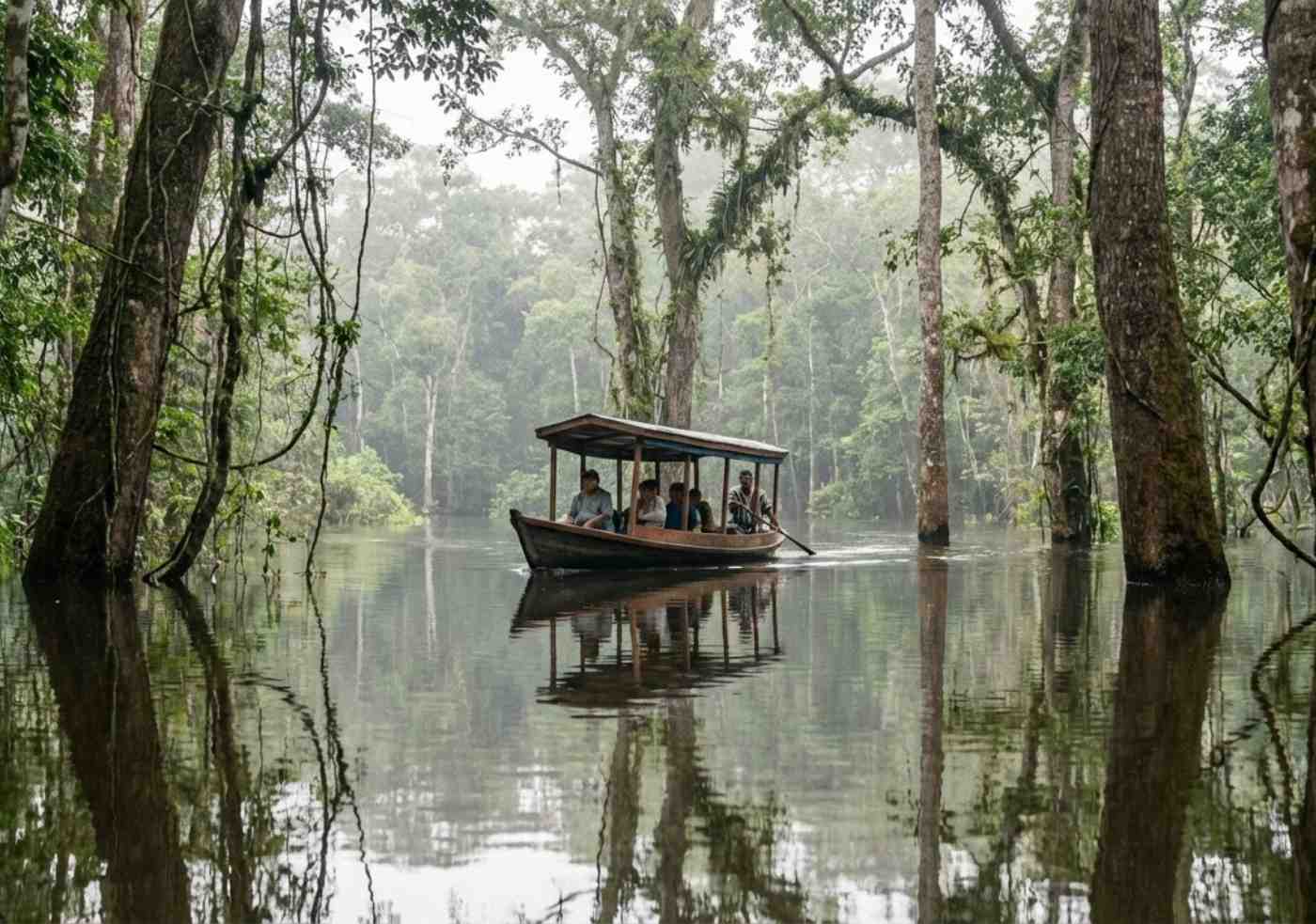 Una pequeña embarcación con techo navega a través de un bosque inundado en el Amazonas, con árboles emergiendo del agua y reflejos en la superficie.