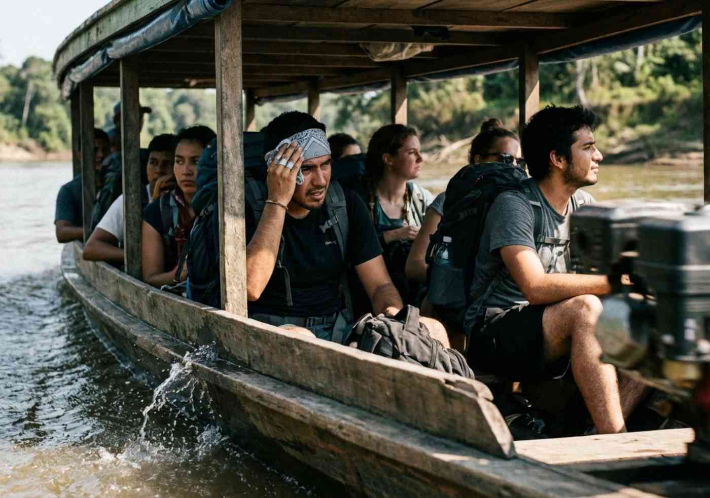Pasajeros y equipaje en un bote de madera tradicional navegando por el río Amazonas bajo un sol intenso, con movimiento borroso.