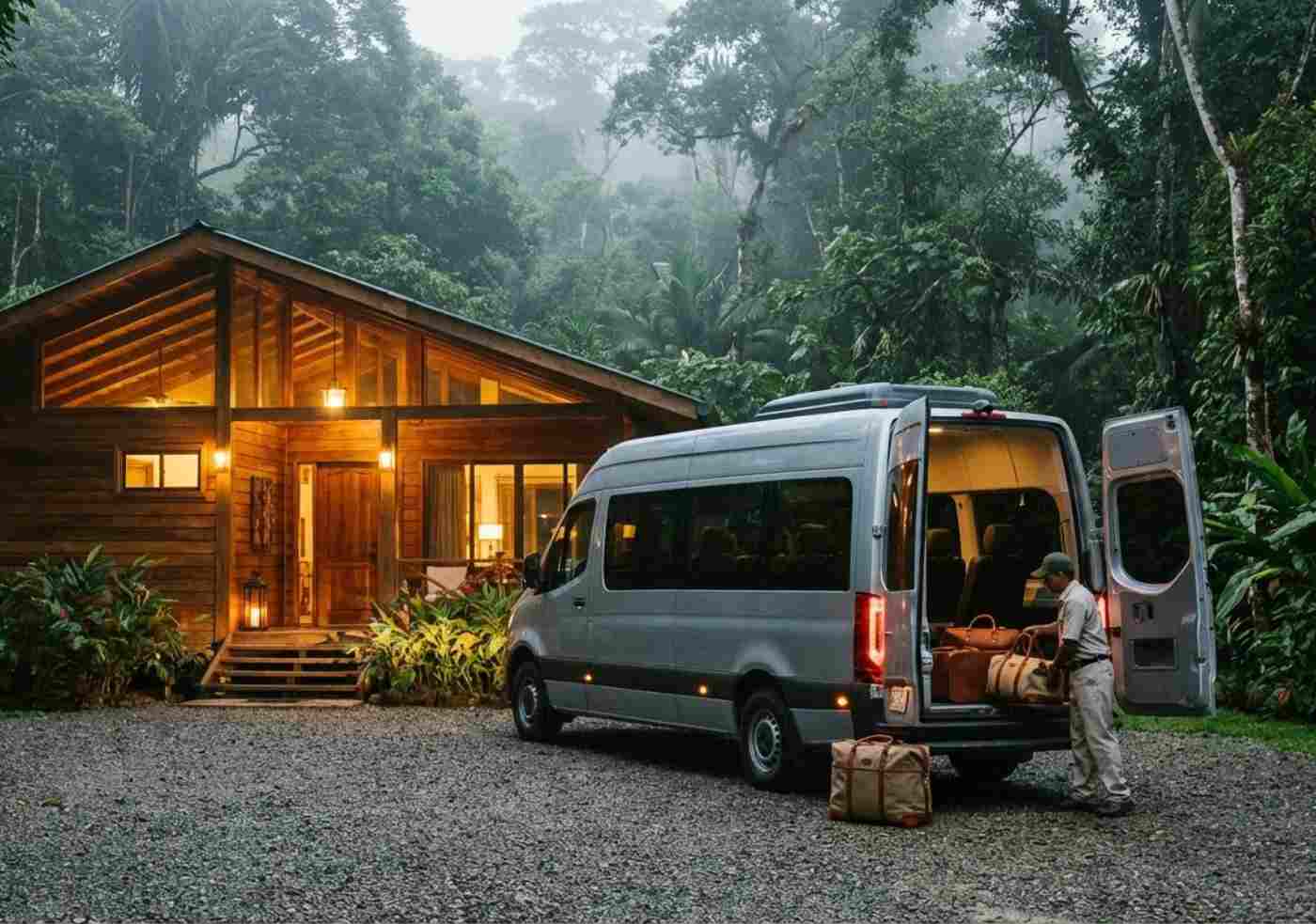 Una moderna van de transporte privado estacionada frente a un lodge de selva de madera al atardecer, con maletas siendo descargadas y un ambiente tranquilo y exclusivo.